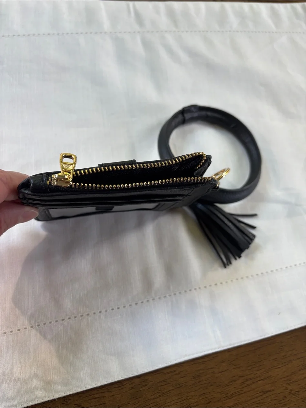 Black Leather Wristlet Card Holder with Tassel Keyring